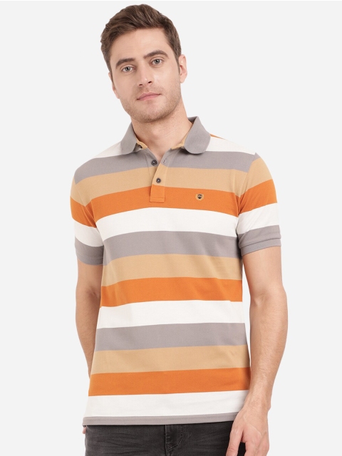 

JADE BLUE Men Multicoloured Striped Polo Collar Pure Cotton Slim Fit T-shirt, Multi