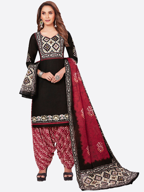 

SALWAR STUDIO Women Black & Red Bandhani Printed Pure Cotton Kurta with Patiala & Dupatta