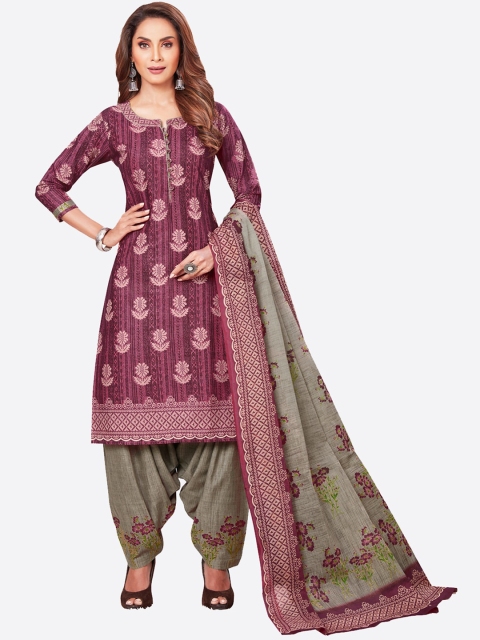 

SALWAR STUDIO Women Purple Ethnic Motifs Printed Pure Cotton Kurta with Patiala & With Dupatta