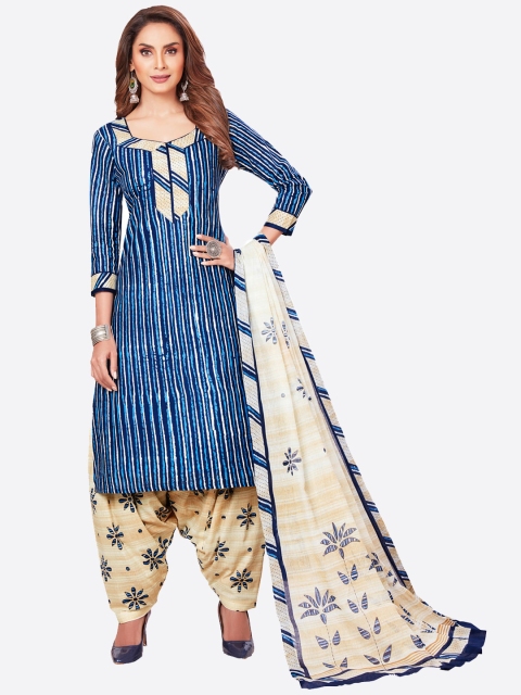 

SALWAR STUDIO Women Blue & Cream-Coloured Pure Cotton Kurta with Patiala & With Dupatta