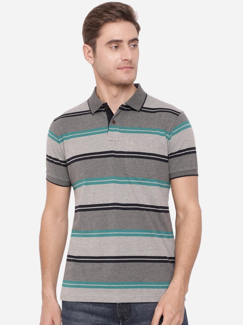 

Greenfibre Men Grey & Green Striped Polo Collar Slim Fit T-shirt