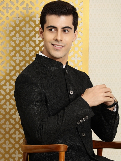 

House of Pataudi Men Black Self- Design Bandhgala Blazer