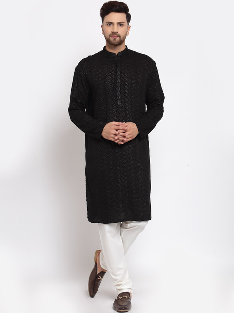

MOHANLAL SONS Men Black & White Embroidered Cotton Kurta with Pyjamas