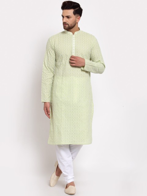 

MOHANLAL SONS Men Green Embroidered Chikankari Pure Cotton Kurta with Churidar