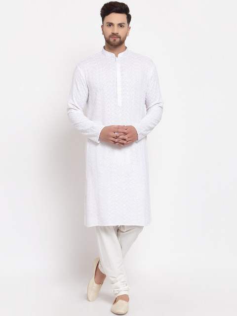 

MOHANLAL SONS Men White Embroidered Chikankari Kurta with Churidar