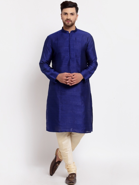 

MOHANLAL SONS Men Navy Blue & Cream Solid Woven Design Dupion Silk Kurta with Churidar