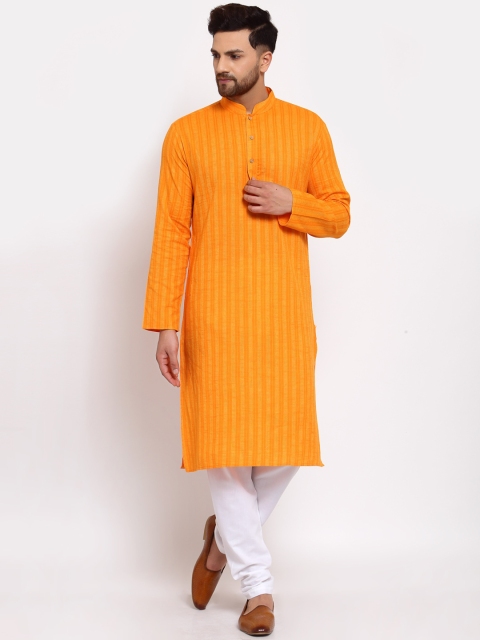 

MOHANLAL SONS Men Orange Striped Pure Cotton Kurta with Churidar