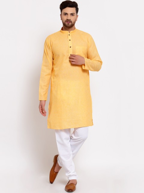 

MOHANLAL SONS Men Yellow & White Solid Cotton Kurta with Pyjamas