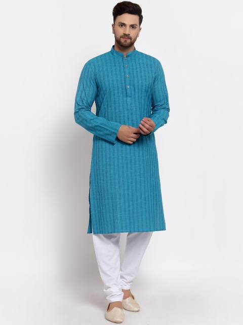 

MOHANLAL SONS Men Turquoise Blue & White Striped Pure Cotton Kurta with Churidar