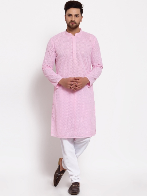 

MOHANLAL SONS Men Pink & Off-White Embroidered Chikankari Kurta with Churidar