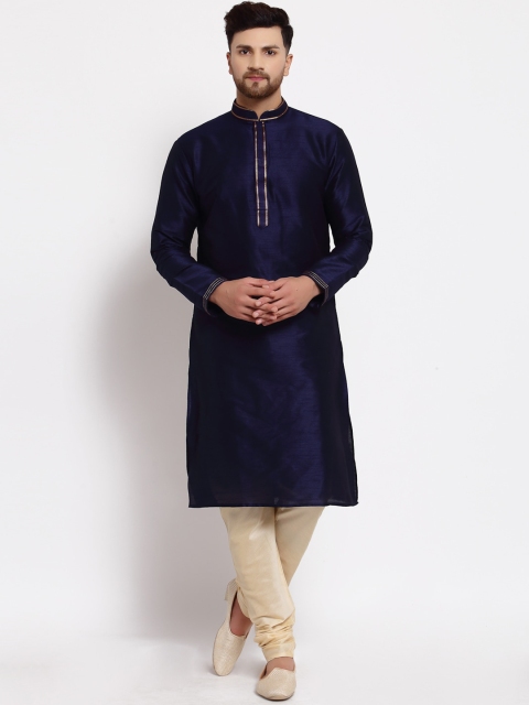 

MOHANLAL SONS Men Navy Blue Yoke Design Dupion Silk Kurta with Churidar