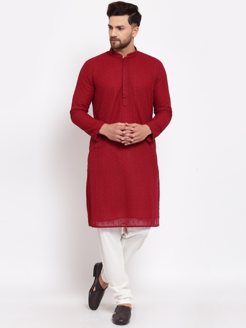

MOHANLAL SONS Men Maroon & Off White Embroidered Chikankari Kurta with Churidar