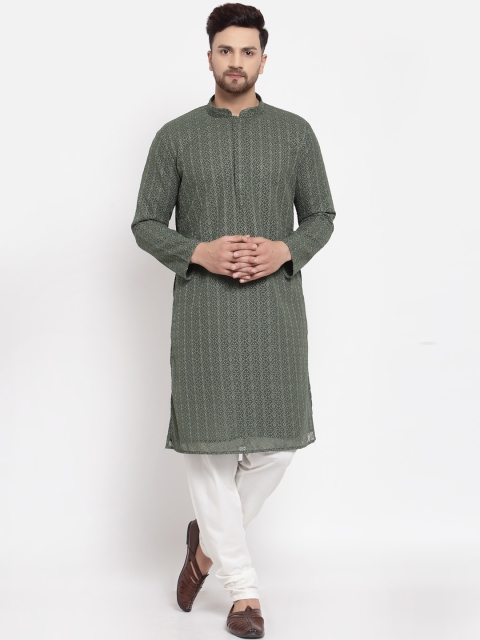 

MOHANLAL SONS Men Green & Cream Embroidered Chikankari Kurta with Pyjamas