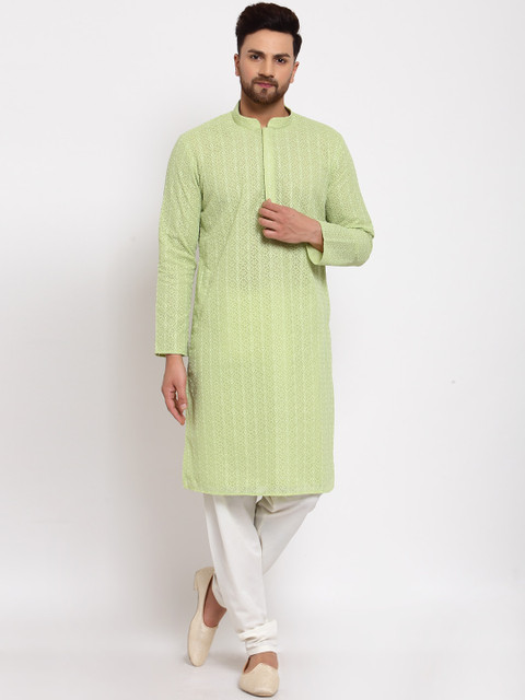 

MOHANLAL SONS Men Green Ethnic Motifs Embroidered Chikankari Kurta with Churidar