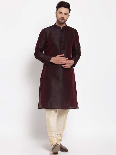 

MOHANLAL SONS Men Burgundy & Off white Dupion Silk Kurta with Churidar