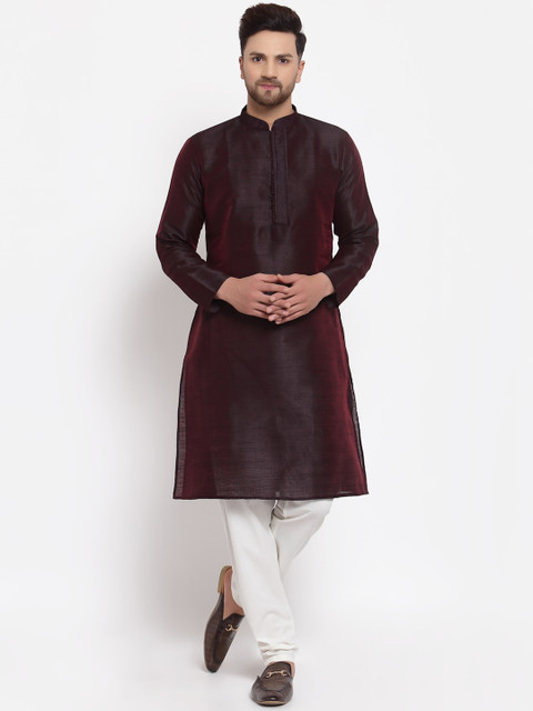 

MOHANLAL SONS Men Burgundy & Off-White Dupion Silk Kurta with Churidar