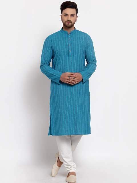 

MOHANLAL SONS Men Turquoise Blue & White Striped Pure Cotton Kurta with Pyjamas