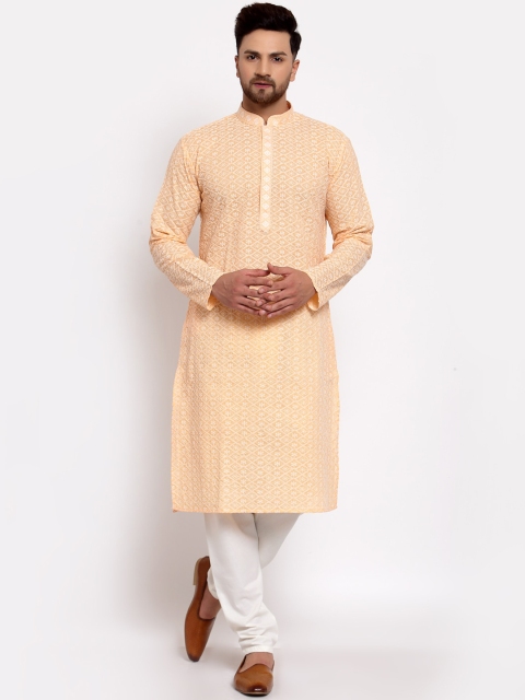 

MOHANLAL SONS Men Peach & White Embroidered Pure Cotton Kurta with Churidar