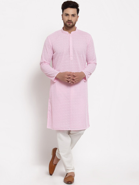 

MOHANLAL SONS Men Pink & White Chikankari Kurta with Pyjamas