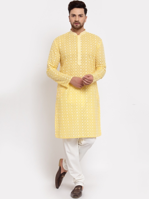 

MOHANLAL SONS Men Yellow & White Ethnic Motifs Embroidered Chikankari Kurta with Churidar