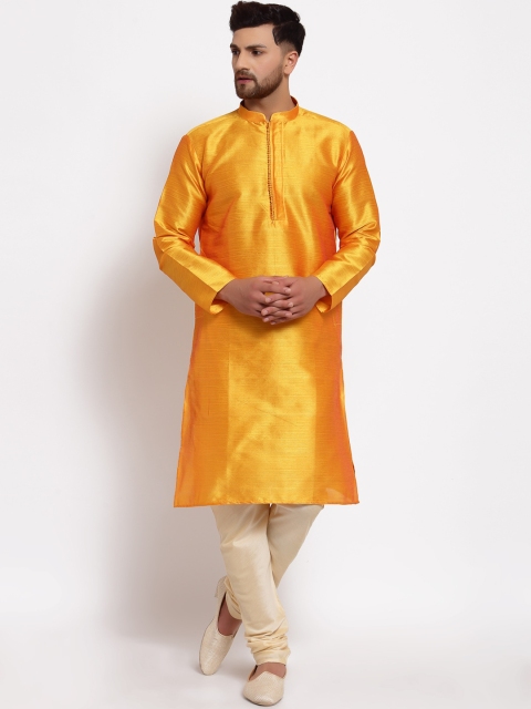 

MOHANLAL SONS Men Yellow & Gold-Toned Woven Design Dupion Silk Kurta with Churidar