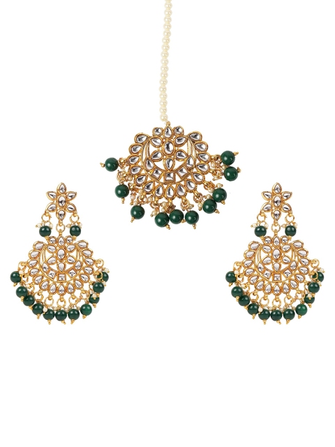 

Arendelle Gold-Plated & Green Stone Studded Maang Tikka With Earrings