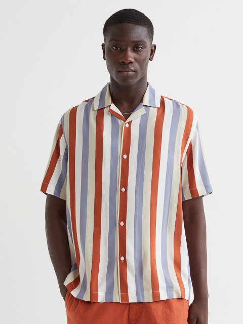 

H&M Men White & Orange Striped Regular Fit Resort Shirt