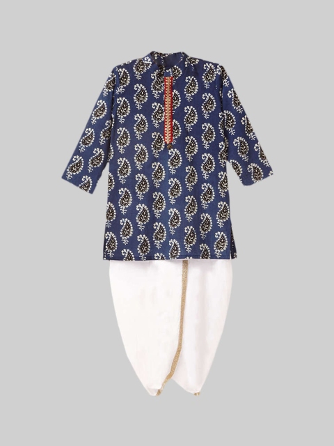 

The Magic Wand Boys Blue Ethnic Motifs Striped Angrakha Gotta Patti Pure Cotton Kurti with Dhoti Pants