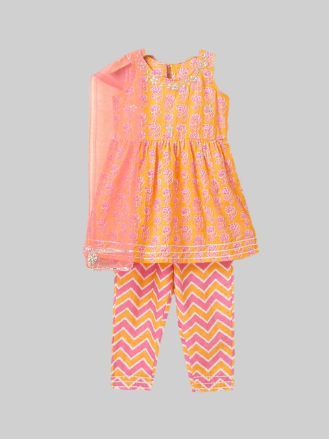 

The Magic Wand Girls Orange Embroidered Pleated Gotta Patti Pure Cotton Kurti with Dhoti Pants & With