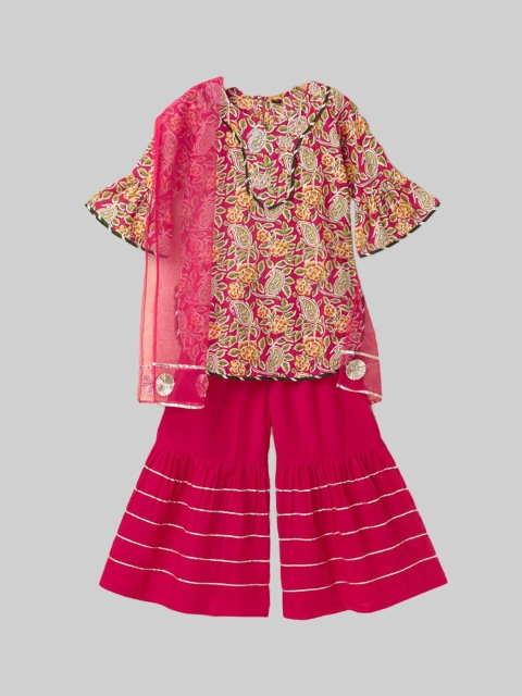 

The Magic Wand Girls Fuchsia Floral Empire Gotta Patti Pure Cotton Kurti with Sharara & With Dupatta