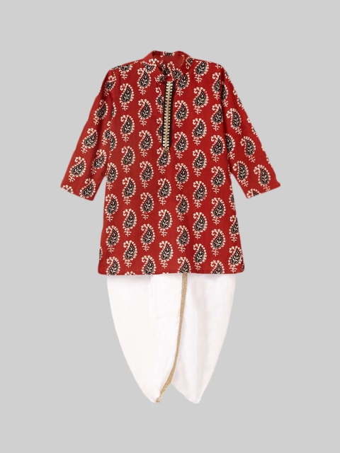 

The Magic Wand Boys Maroon Ethnic Motifs Angrakha Gotta Patti Pure Cotton Kurti with Salwar