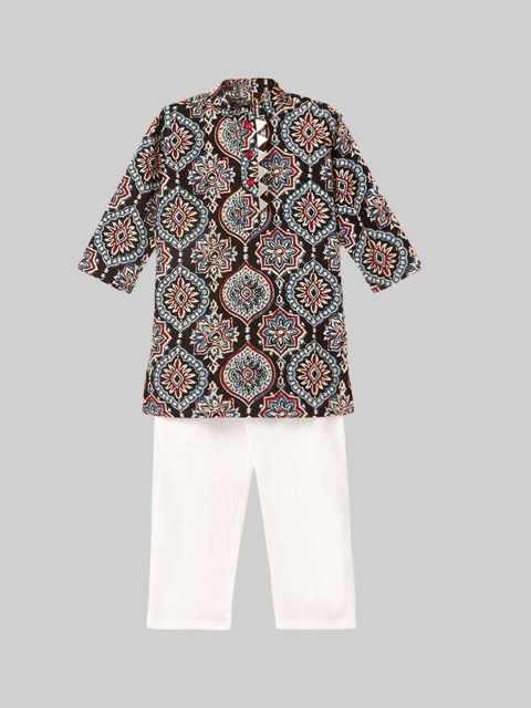 

The Magic Wand Boys Black Embroidered Angrakha Gotta Patti Pure Cotton Kurti with Pyjamas