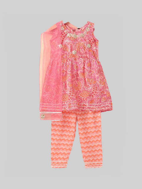 

The Magic Wand Girls Pink Floral Embroidered Empire Gotta Patti Pure Cotton Kurti with Trousers & With