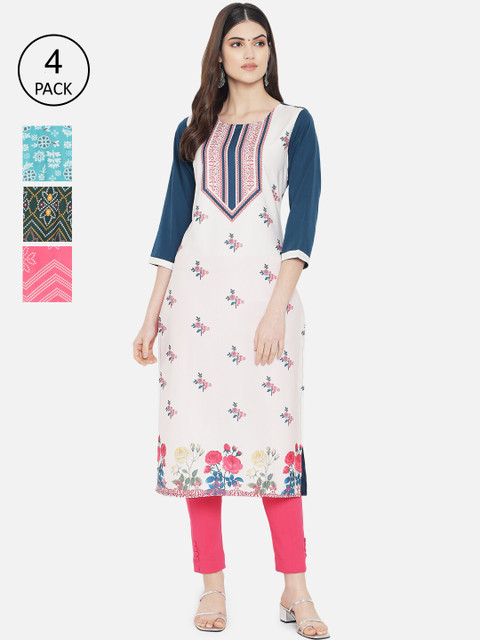 

Ethnic basket Women Blue & Green Ethnic Motifs Printed Crepe Kurta Set Of 4