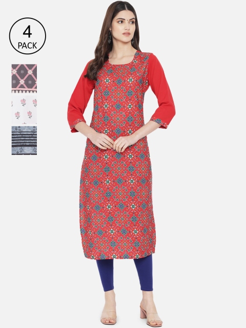 

Ethnic basket Women Set Of 4 Red & Blue Floral Printed Crepe Kurta
