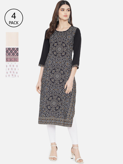 

Ethnic basket Women Black & Pink Ethnic Motifs Printed Crepe Kurta Pack Of 4