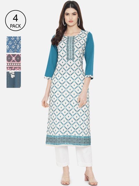 

Ethnic basket Women Blue & Pink Geometric Printed Crepe Kurta Set Of 4
