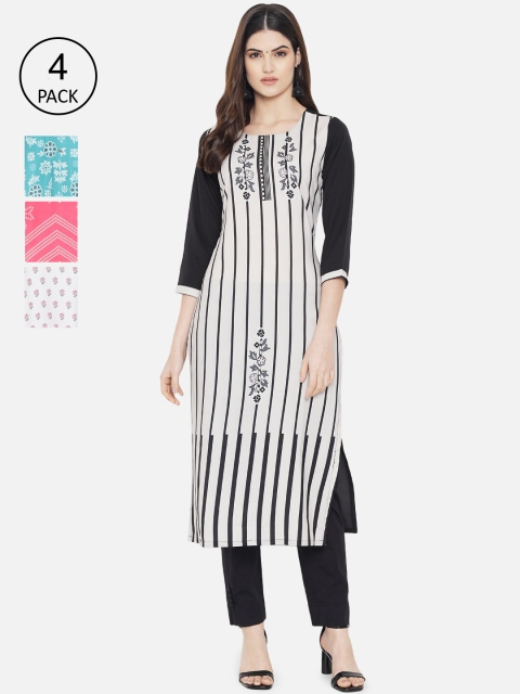 

Ethnic basket Women Set Of 4 White & Black Floral Printed Crepe Kurta