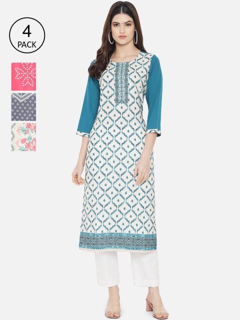 

Ethnic basket Women Pack of 4 Ethnic Motifs Printed Crepe Kurta, Blue