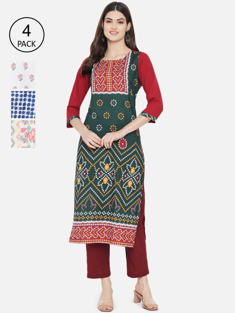 

Ethnic basket Women Pack Of 4 Red & Green Floral Printed Crepe Kurta