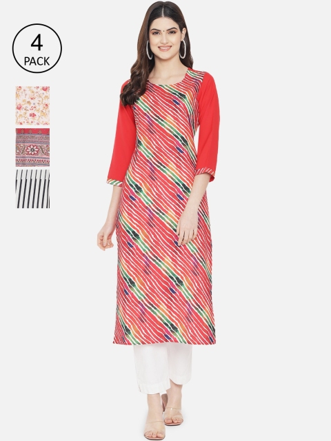

Ethnic basket Women Set Of 4 Pink & Cream-Coloured Floral Printed Crepe Kurta