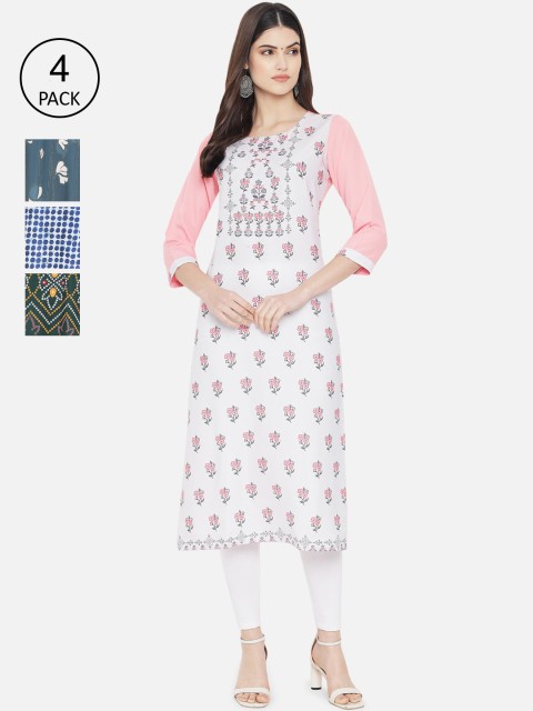 

Ethnic basket Women Set Of 4 White & Pink Floral Printed Crepe Kurta