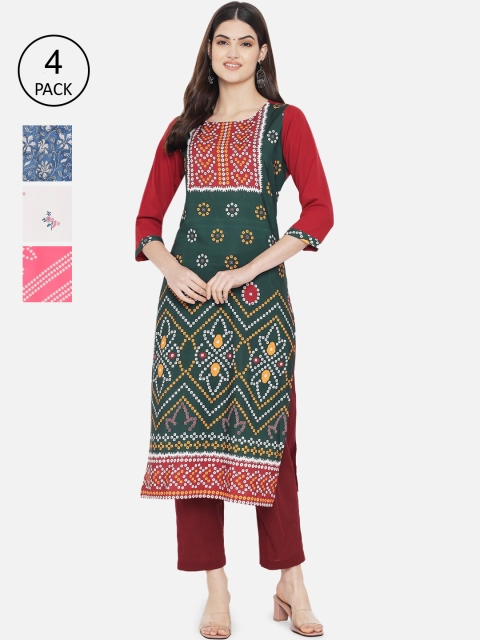 

Ethnic basket Women Green & Blue Geometric Printed Crepe Kurta Pack Of 4