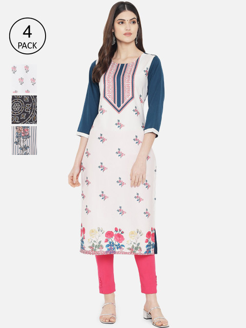 

Ethnic basket Women Pack Of 4 White & Teal Blue Ethnic Motifs Printed Crepe Kurtas