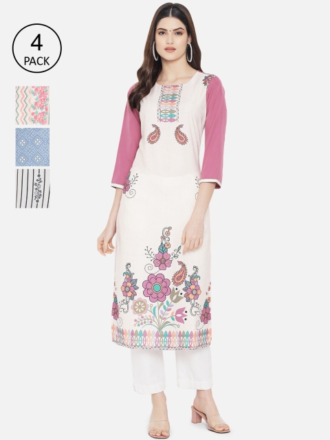 

Ethnic basket Women Set Of 4 Cream-Coloured & Blue Floral Printed Crepe Kurta