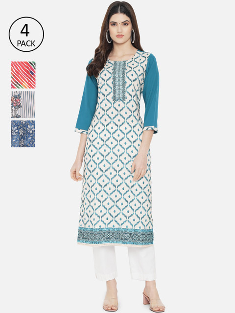 

Ethnic basket Women Pack Of 4 Red & Blue Ethnic Motifs Printed Crepe Kurta