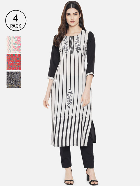 

Ethnic basket Women Pack Of 4 White & Red Ethnic Motifs Digital Printed Crepe Kurtas