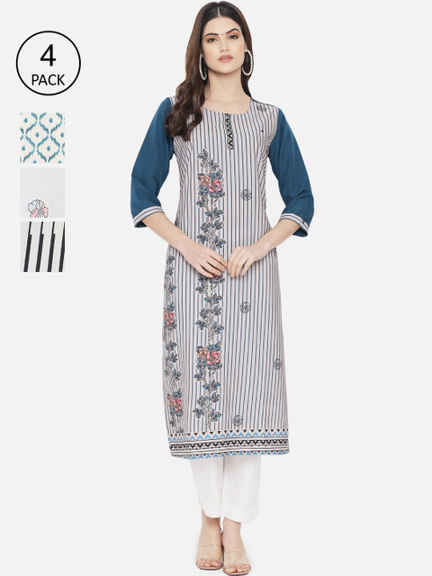 

Ethnic basket Women Blue & Black Ethnic Motifs Printed Crepe Kurta Pack Of 4