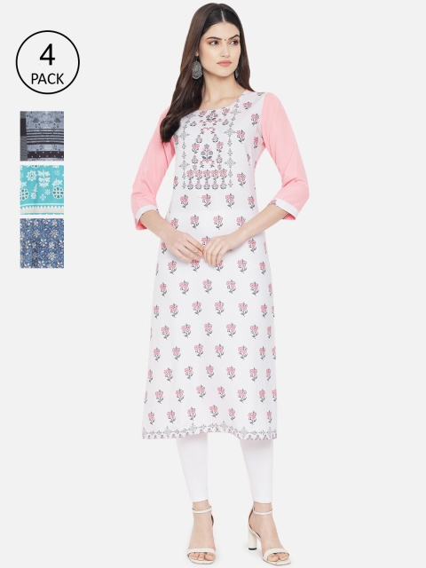 

Ethnic basket Women Pack Of 4 Ethnic Motifs Printed Crepe Kurta, White