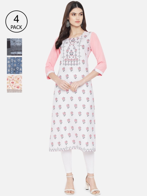

Ethnic basket Women Pack Of 4 White & Blue Ethnic Motifs Printed Crepe Kurtas